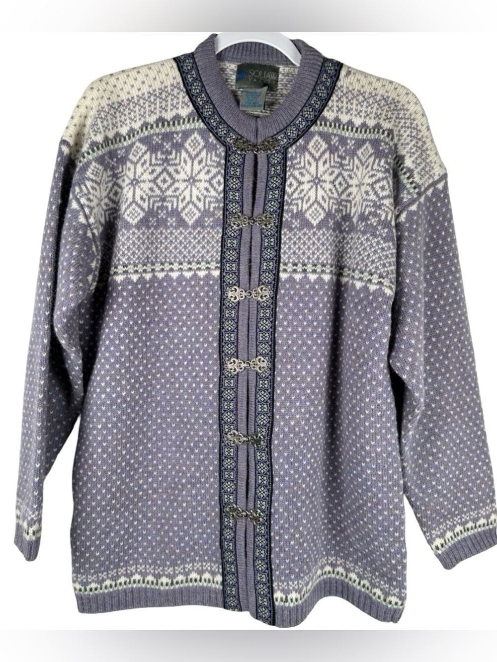Squaw Valley Purple Nordic Fair Isle 100% Wool Cardigan Sweater Jacket Sz Small